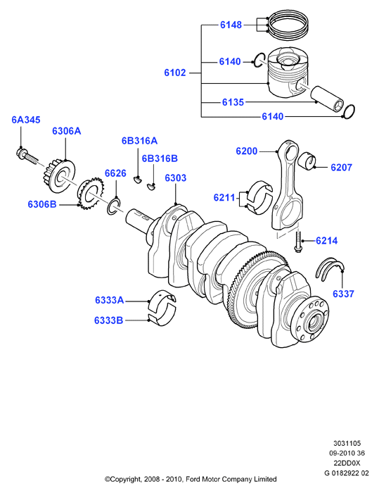 Коленчатый вал/поршни и подшипники, 2.2L Duratorq Engine
