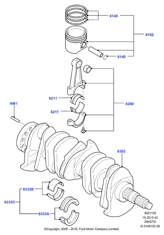 Коленчатый вал/поршни и подшипники, 2.5L Duratec VCT Turbo