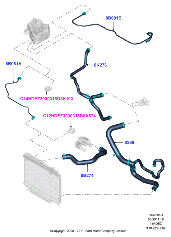 Трубопр.и шланги сист.охлажд., Zetec 1.4 DOHC EFI