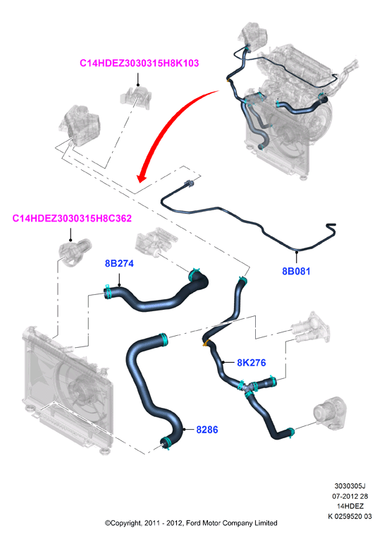 Трубопр.и шланги сист.охлажд., Zetec 1.4 DOHC EFI