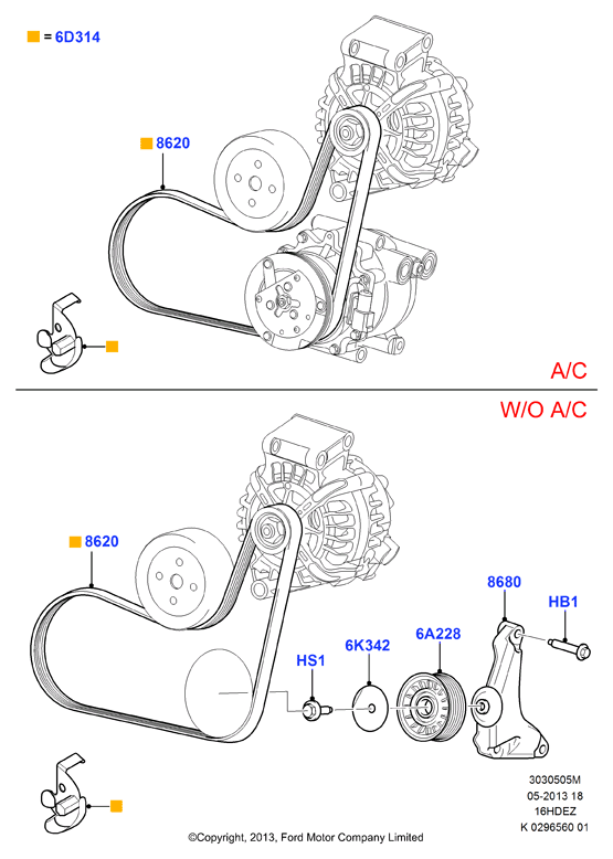 Шкивы и приводные ремни, Zetec 1.6 DOHC EFI