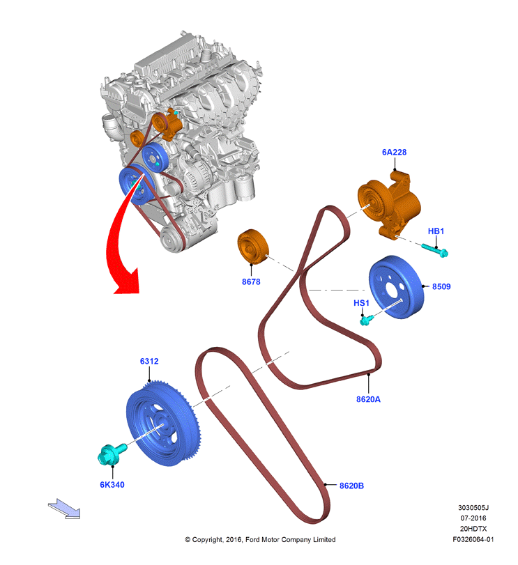 Шкивы и приводные ремни, 2.0 DOHC 16В с турбокомпрессором