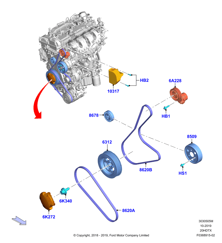 Шкивы и приводные ремни, 2.0 DOHC 16В с турбокомпрессором