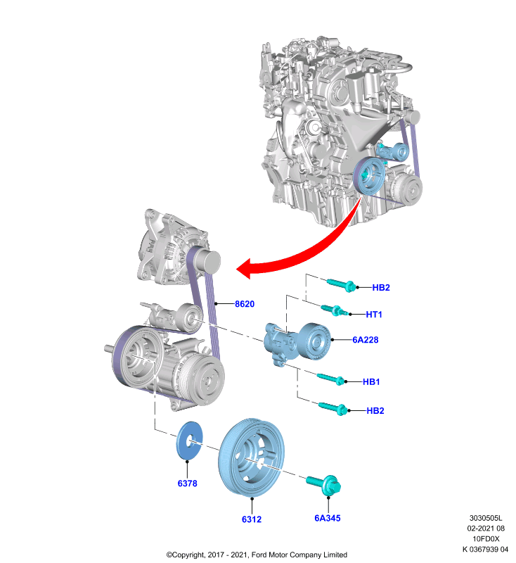 Шкивы и приводные ремни, 1.0L 3 CYL Fox (10FD0X)