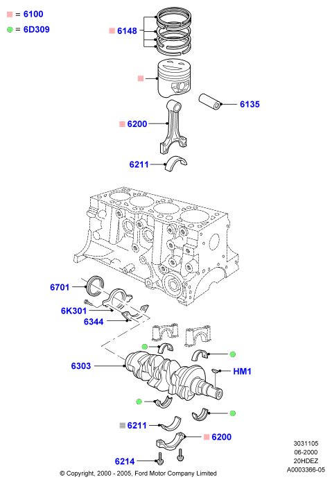 Коленчатый вал/поршни и подшипники, 2.0 Zetec 16v