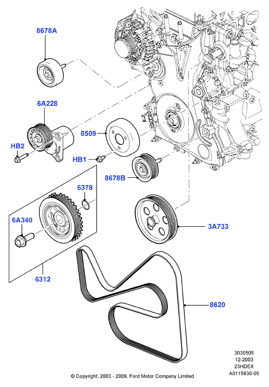 Шкивы и приводные ремни, 2.3L I4 16v DOHC EFI