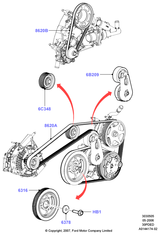Шкивы и приводные ремни, 3.0 V6 DOHC 24v Duratec
