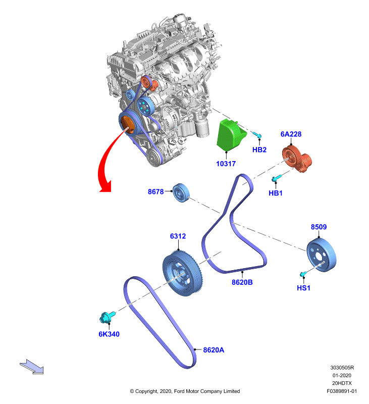 Шкивы и приводные ремни, 2.0 DOHC 16В с турбокомпрессором