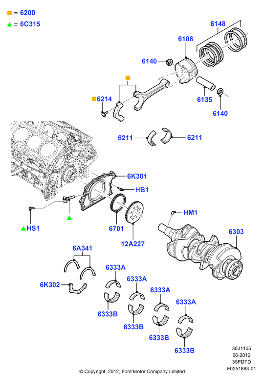 Коленчатый вал/поршни и подшипники, 3.5L DOHC Turbo