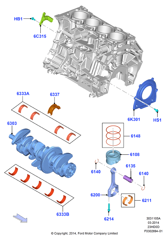 Коленчатый вал/поршни и подшипники, 2.3L TiVCT Turbo         (23HD0D_C)