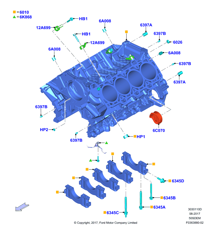 Блок цилиндров и заглушки, 5.0L V8 32v DOHC EFI Mod