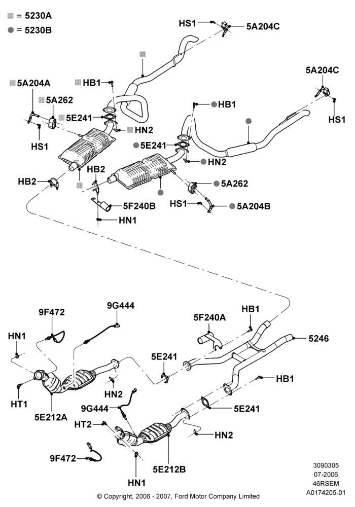 05J - Exhaust System, (-)"CDN/MEX/USA", Romeo 4.6 SOHC EFI, With Dual Exhaust; 19/JUN/2006-26/SEP/2011