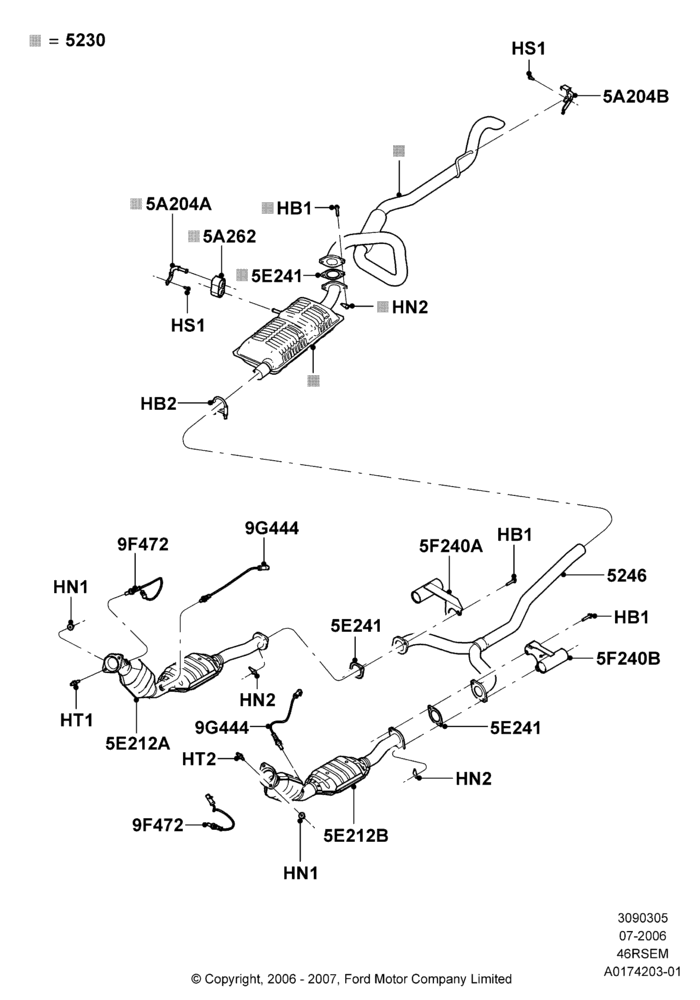 05G - Exhaust System, (-)"CDN/MEX/USA", Romeo 4.6 SOHC EFI, Single Exhaust; 19/JUN/2006-26/SEP/2011