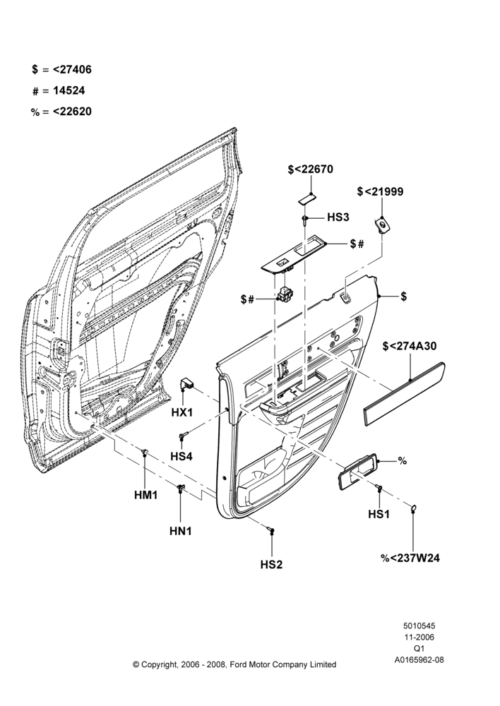 45B - Rear Door Trim Panels, Lincoln/Mercury Series; 06/NOV/2006-12/JUL/2010