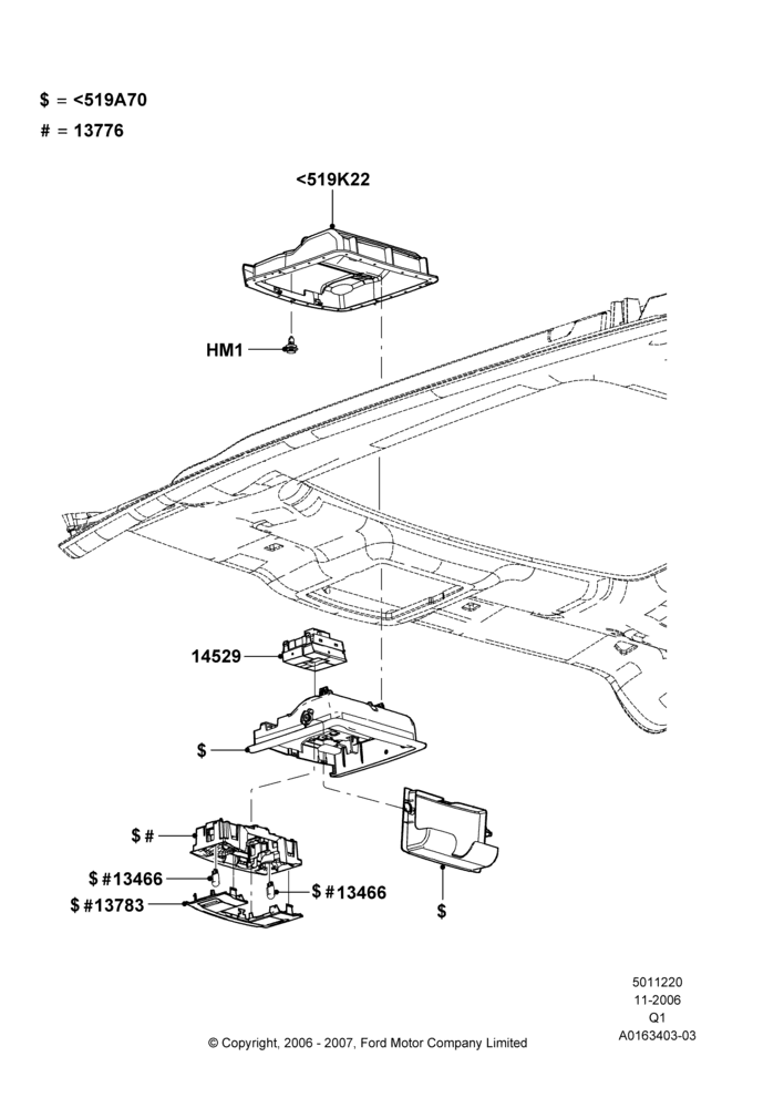 20B - Console - Overhead, Ford Series, With High Series Open Air Roof; 06/NOV/2006-24/DEC/2014