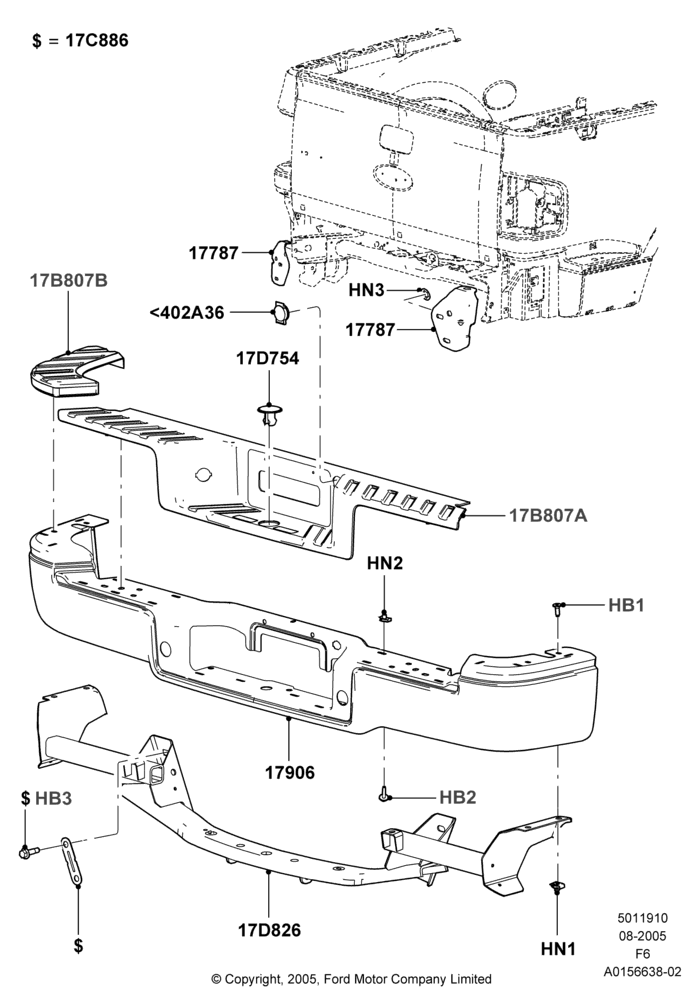 10D - Rear Bumper, With 6.5' Flareside Box; 08/AUG/2005-23/DEC/2014