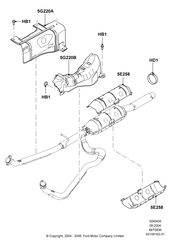 05C - Heat Shields - Exhaust System, 6.8L SOHC EFI NA V10 Gas, All Cutaway/Strip Chas/Chas Cab, Ford 450 Series; 02/AUG/2004