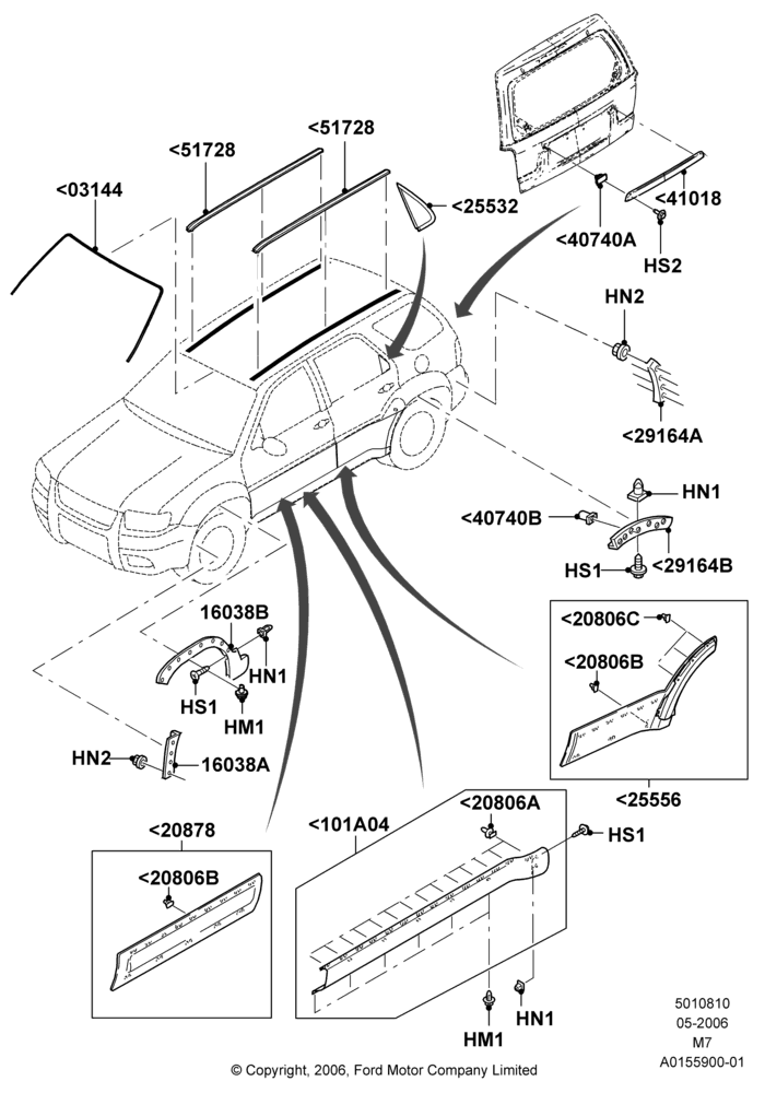 10B - Body Mouldings, (+) North American Markets, Ford Series, With Wheel Lip Moulding; 01/MAY/2006-08/JAN/2007
