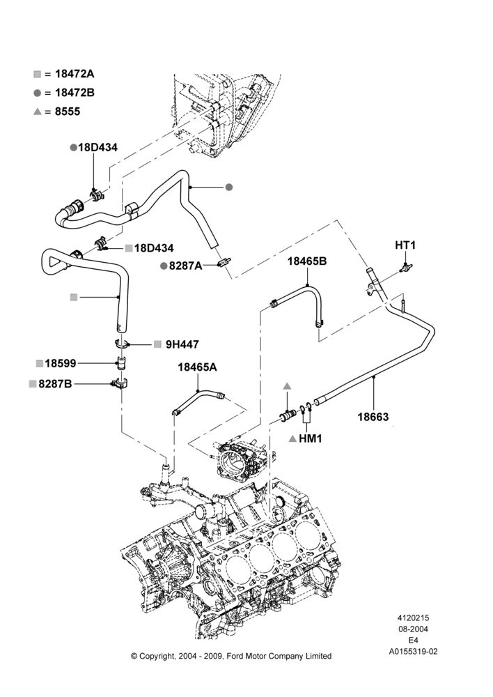 15D - Heater Hoses, Less Air Conditioning, Less Heater/Air Con Prep Pack, Manual Air Conditioning, Romeo 4.6 SOHC EFI; 02/AUG/2004-18/AUG/2008