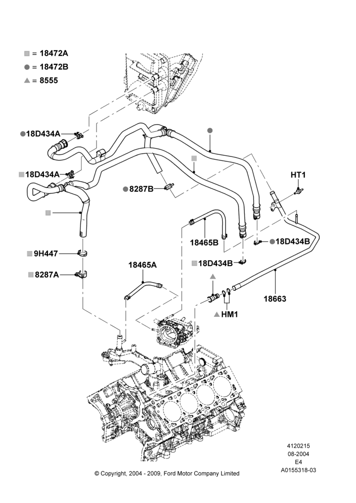 15E - Heater Hoses, Heater/AC Prep Pack-Deluxe, Heater/Air Conditioning Prep Pack, Less Air Conditioning, Manual Air Conditioning, Romeo 4.6 SOHC EFI, With Aux Heater Prep Pack; 02/AUG/2004-18/AUG/2008