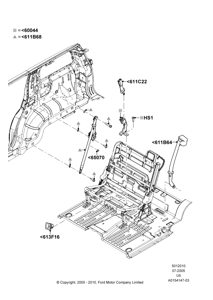 10K - Rear Seat Belts, 2nd Row 60/40 (3 P) Folding Seat; 19/JUL/2005-16/DEC/2010