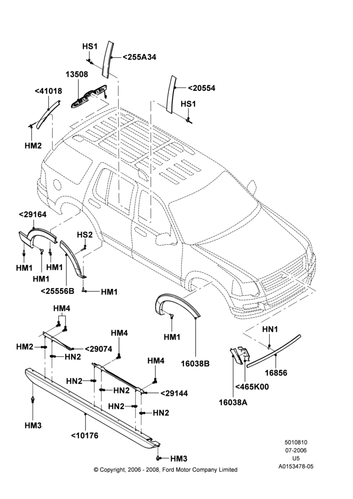 10M - Body Mouldings, Ford Series, Less Ironman Version Package, Less XLT Appearance Package, XLT; 07/AUG/2006-13/AUG/2008