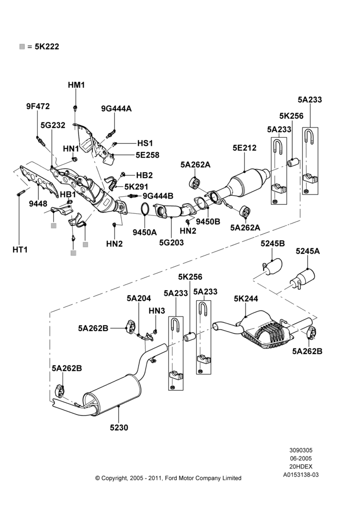 05E - Exhaust System, 2.0L Duratec HE (137PS), Less Evaporative Emissions; 18/JUL/2005-27/AUG/2007