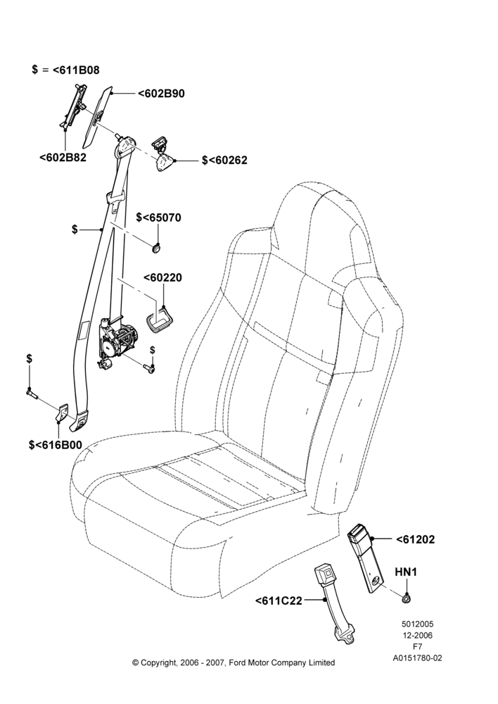 05U - Front Seat Belts, Crew Cab, With Captain Chair Front Seats, With High Back Front Seats; 18/DEC/2006-12/FEB/2010