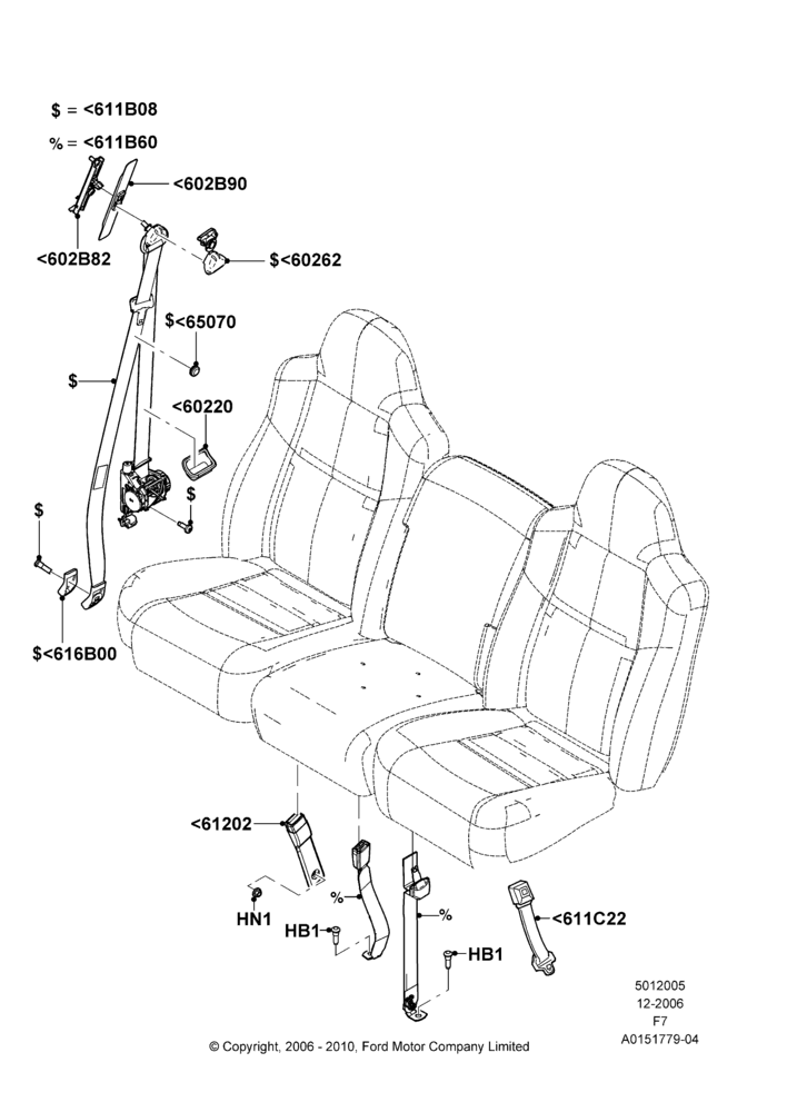 05T - Front Seat Belts, Crew Cab, With 40/20/40 Split Bench Frnt Seat; 18/DEC/2006-12/FEB/2010