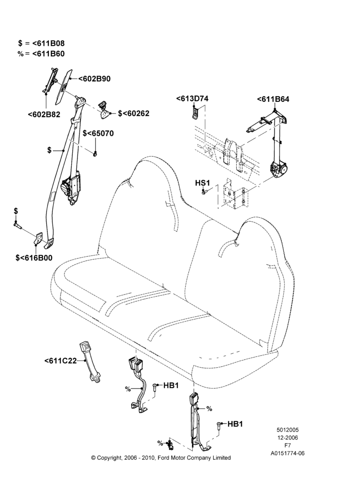05M - Front Seat Belts, Bench Type Front Seat, Regular Cab, With Split Bench Front Seat; 18/DEC/2006-12/FEB/2010