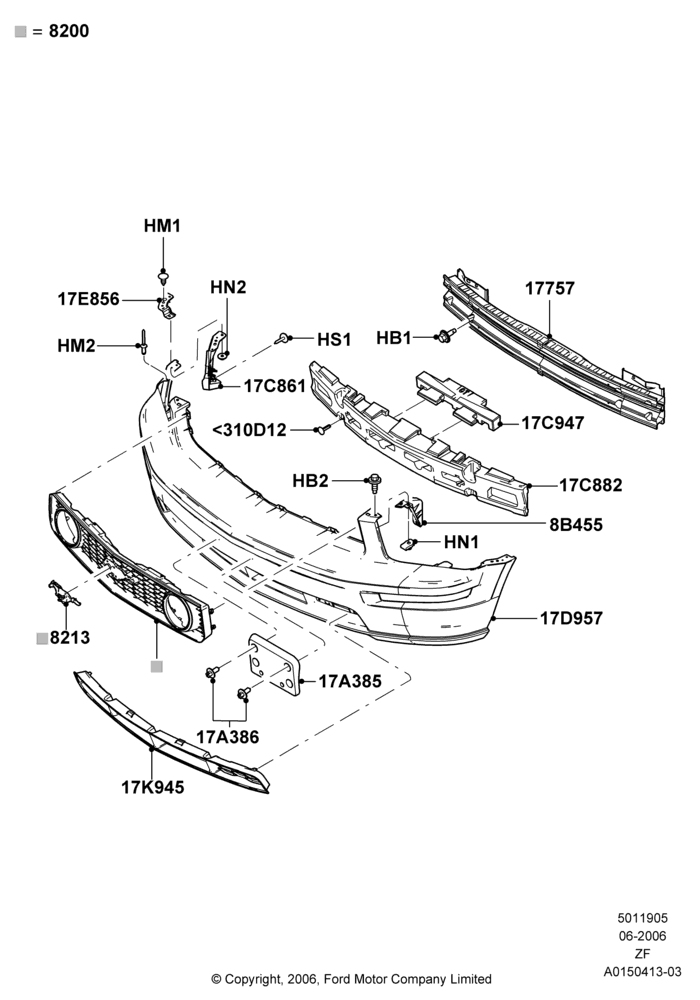 05G - Radiator Grille and Front Bumper, GT, Less Version Packages; 05/JUN/2006-26/FEB/2009