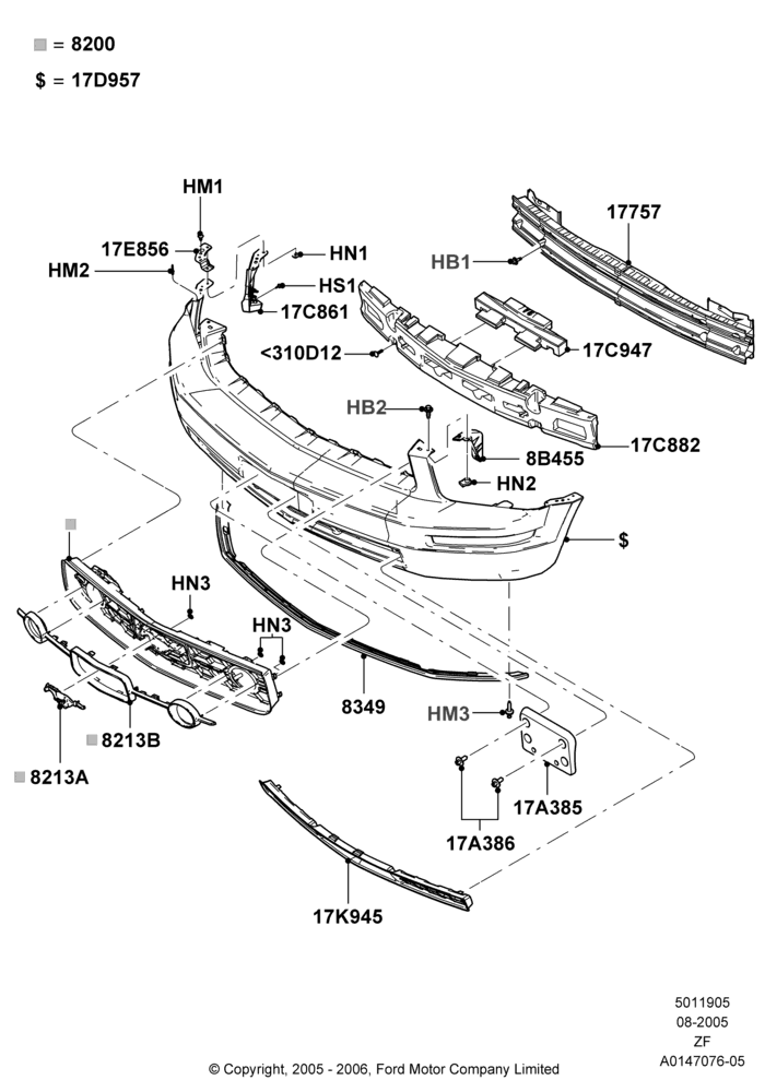 05C - Radiator Grille and Front Bumper, With Pony Package; 03/AUG/2005-26/FEB/2009