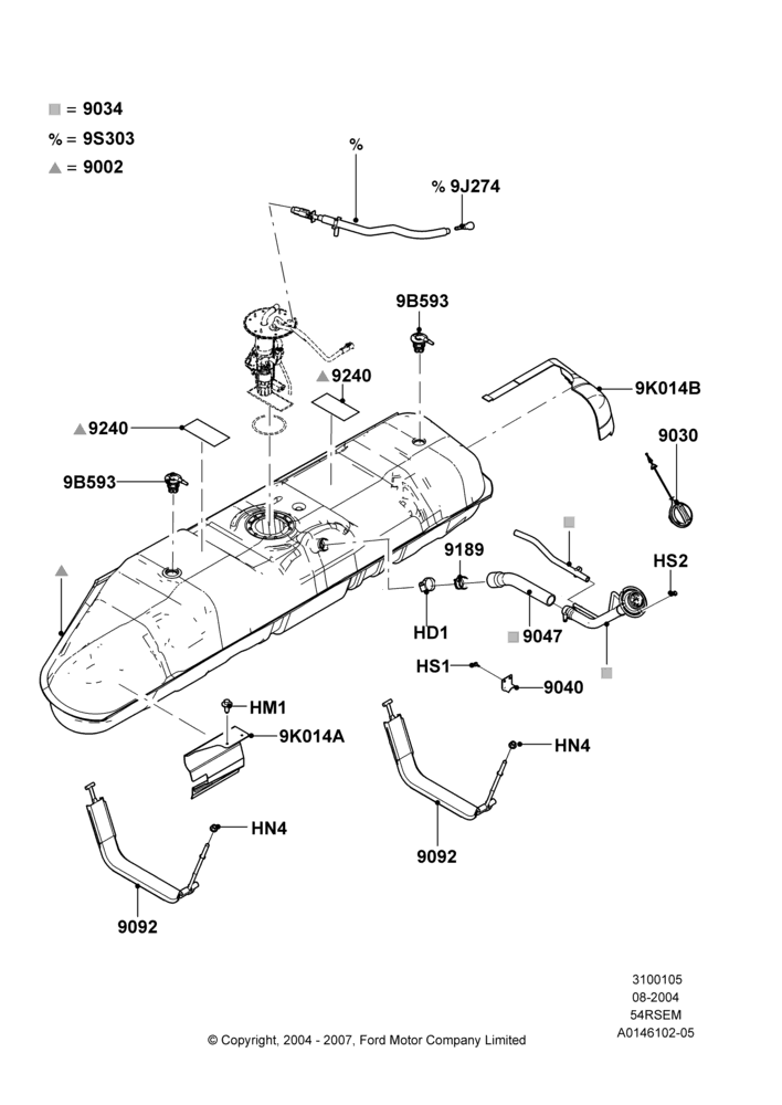 05D - Fuel Tank, 5.4L Modular SOHC V8, All Reg/Extended Vans/Wagons, With Mid-Ship Fuel Tank; 02/AUG/2004-18/AUG/2008