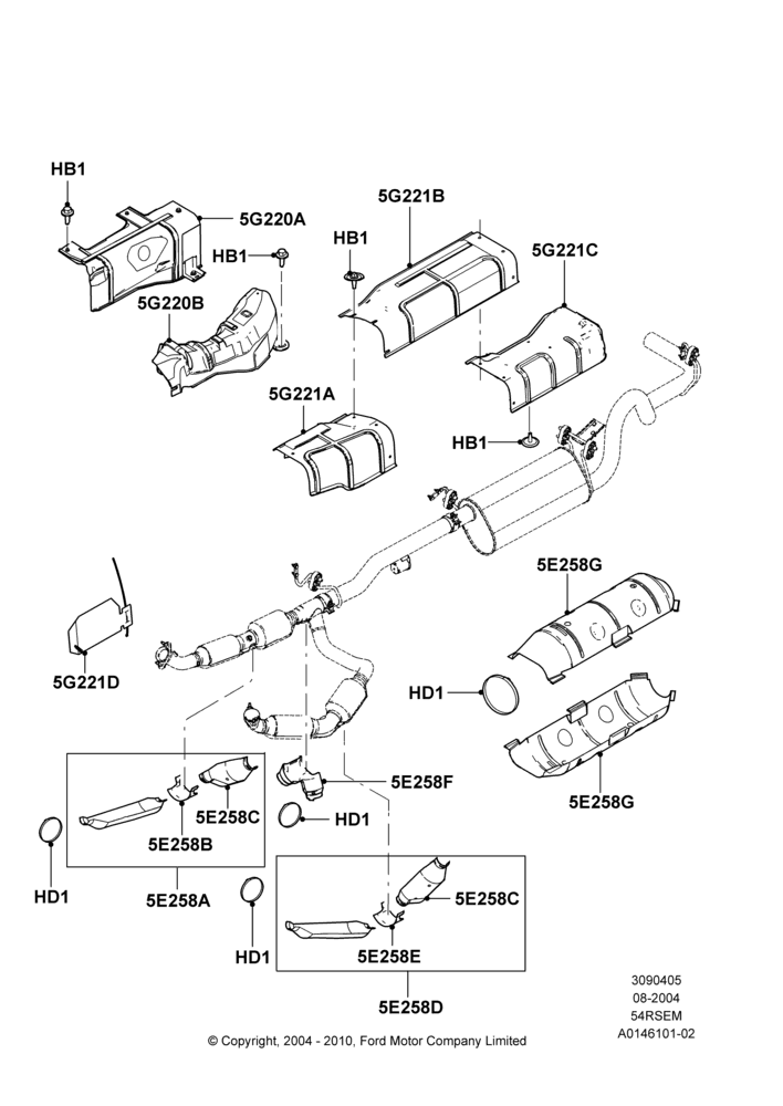 05B - Heat Shields - Exhaust System, 5.4L Modular SOHC V8, All Reg/Extended Vans/Wagons; 02/AUG/2004