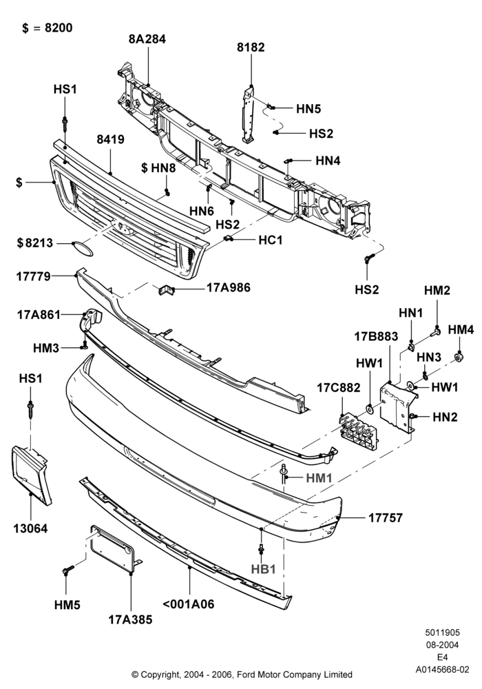 05A - Radiator Grille and Front Bumper, Less Stripped Chassis, With Painted Front Bumper; 02/AUG/2004-06/AUG/2007