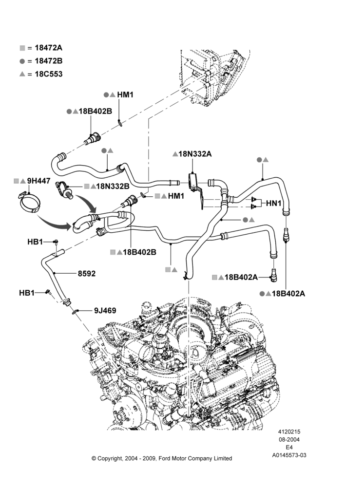 15B - Heater Hoses, 6.0L  OHV Diesel V8 DI, Heater/AC Prep Pack-Deluxe, Heater/Air Conditioning Prep Pack, Less Air Conditioning, Manual Air Conditioning, With Aux Heater Prep Pack; 02/AUG/2004-18/AUG/2008
