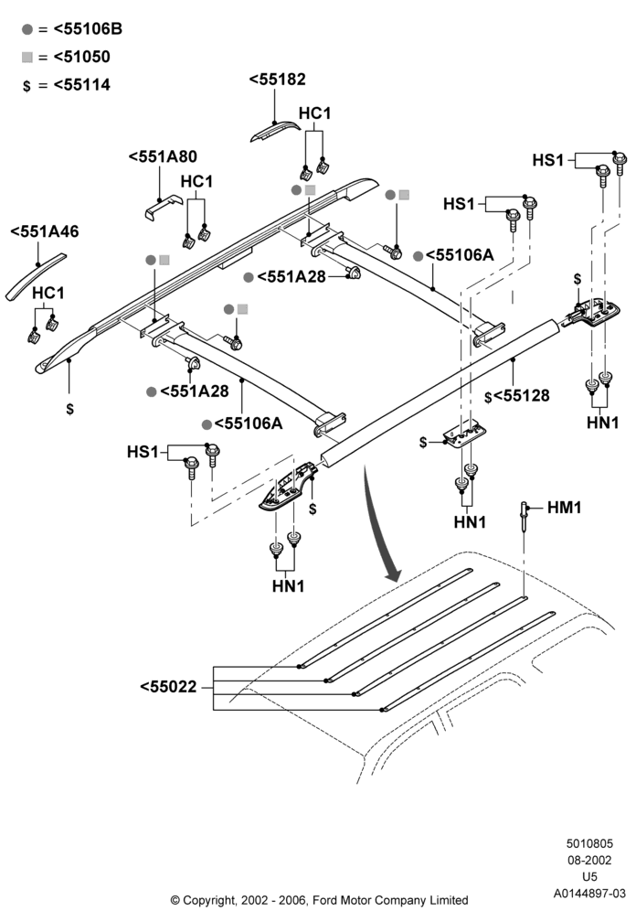05B - Roof Rack Systems, Less NBX Package, Production Installed; 19/AUG/2002-04/AUG/2003