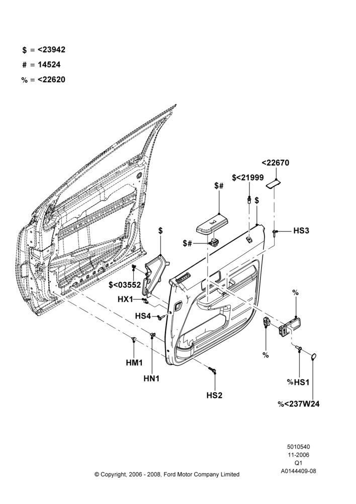 40A - Front Door Trim Panels, Ford Series; 06/NOV/2006-18/SEP/2008