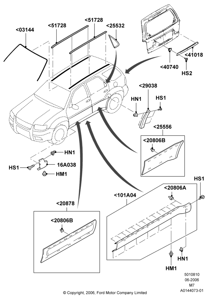 10A - Body Mouldings, (+) North American Markets, Ford Series, Less Exterior Wheel Lip Molding; 01/MAY/2006-08/JAN/2007