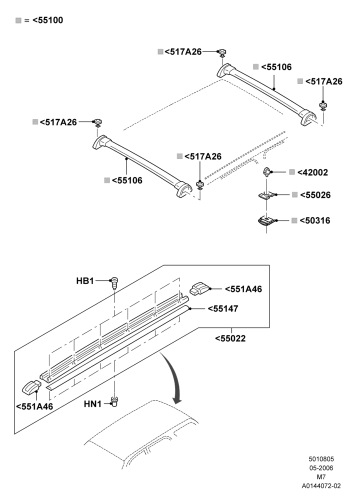 05A - Roof Rack Systems, All LHD Territories, Ford Series, Less Hybrid Version, Production Installed; 01/MAY/2006-08/JAN/2007