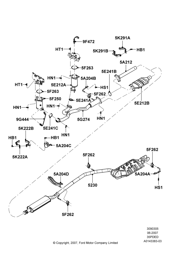 05B - Exhaust System, 3.5L 4V DOHC VCT SMPI V6 Gas; 30/APR/2007-04/MAR/2008