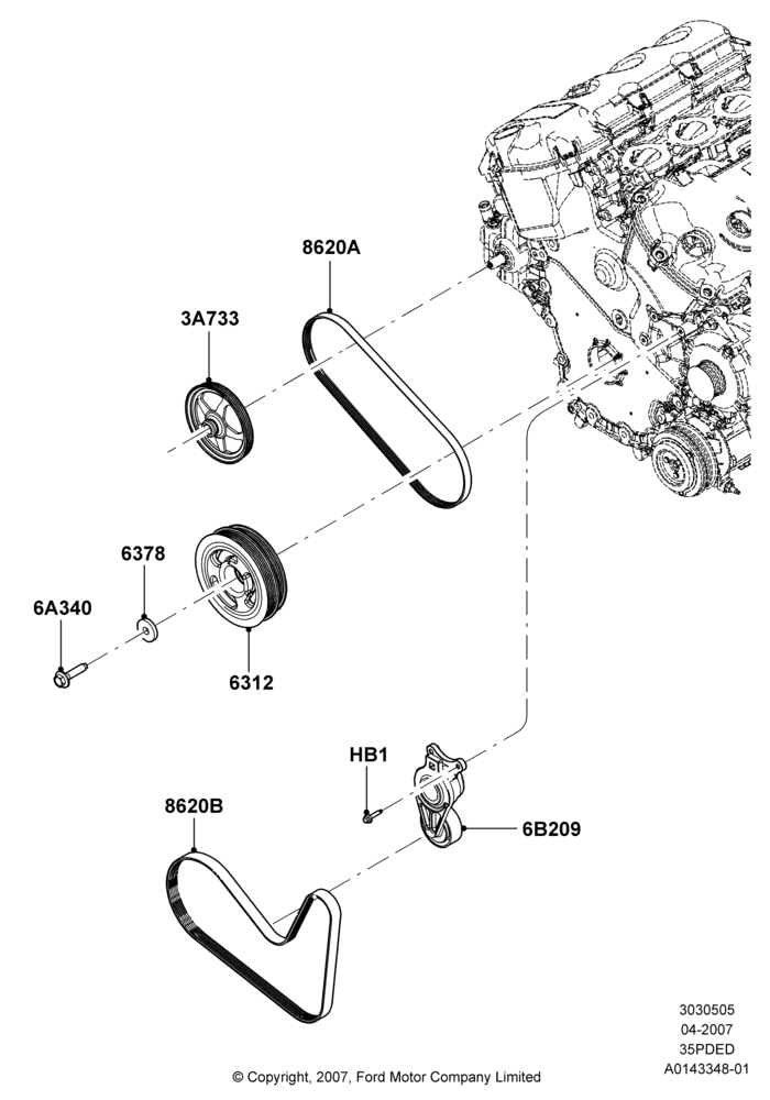 05C - Pulleys and Drive Belts, 3.5L 4V DOHC VCT SMPI V6 Gas; 30/APR/2007-15/JUN/2009