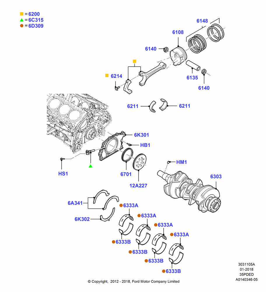 05A - Crankshaft/Pistons and Bearings, 3.5L 4V DOHC VCT SMPI V6 Gas; 30/AUG/2006-29/JUL/2012