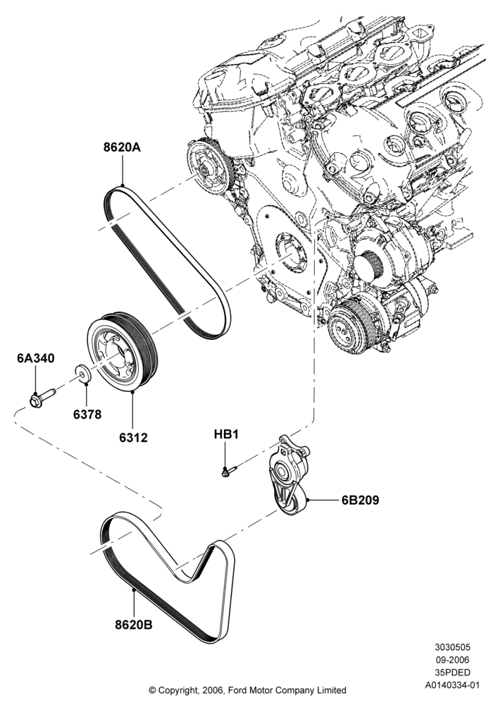 05A - Pulleys and Drive Belts, 3.5L 4V DOHC VCT SMPI V6 Gas; 30/AUG/2006-29/JUL/2012