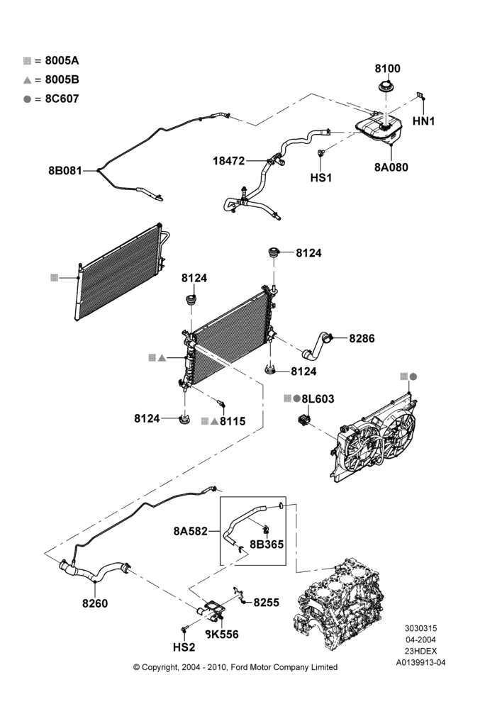 15C - Radiator/Coolant Overflow Container, 2.3L Duratec-HE (145PS) - MI4; 05/APR/2004-27/AUG/2007