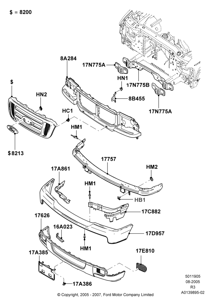 05C - Radiator Grille and Front Bumper, Less STX Package; 08/AUG/2005-04/JUN/2007