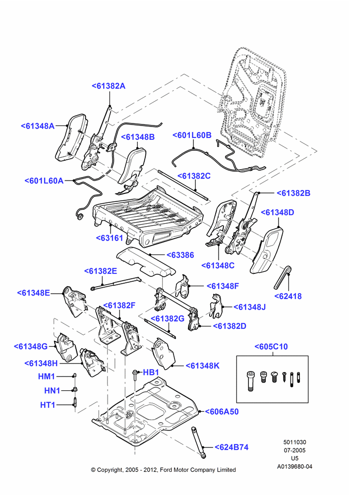 30S - Rear Seat Base, Sec Row 60/40 (3 P)-Easy Entry, 40% Seat, LH; 19/JUL/2005-16/DEC/2010