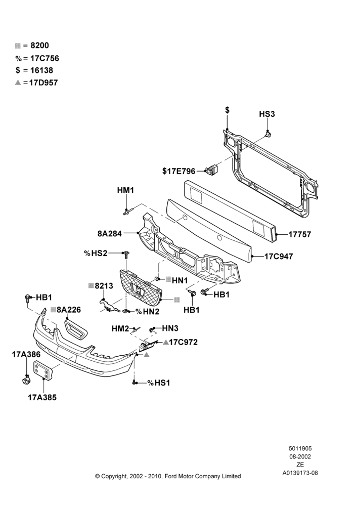 05D - Radiator Grille and Front Bumper, Base, GT, Less Mach 1 Appearance Group, Production Installed; 05/AUG/2002-12/MAY/2004