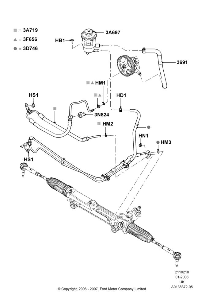 10A - Supply & Return Hoses - Power Strg, 4.0L V6 12V SOHC EFI; 30/JAN/2006-03/DEC/2007