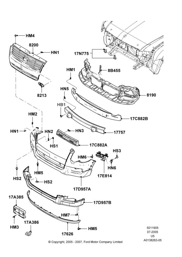 05G - Radiator Grille and Front Bumper, Eddie Bauer, Ford Series, XLT; 19/JUL/2005-07/AUG/2006
